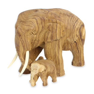 Teak wood elephant statuette, 'Mother and Baby Elephant' - Original Carved Teak Wood Mother and Baby Elephant Sculpture