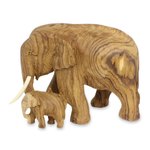 Teak wood elephant statuette, 'Mother and Baby Elephant' - Original Carved Teak Wood Mother and Baby Elephant Sculpture
