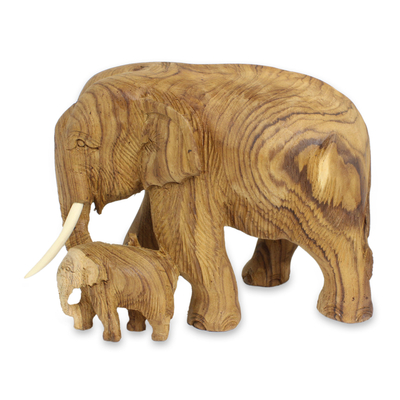 Elefantenstatuette aus Teakholz - Original geschnitzte Teakholz-Mutter- und Baby-Elefant-Skulptur