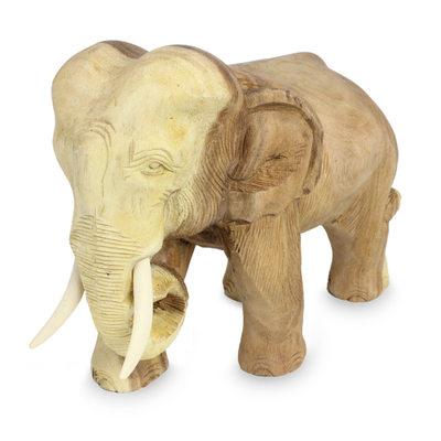 Thai Hand Carved Rain Tree Wood Elephant Statuette