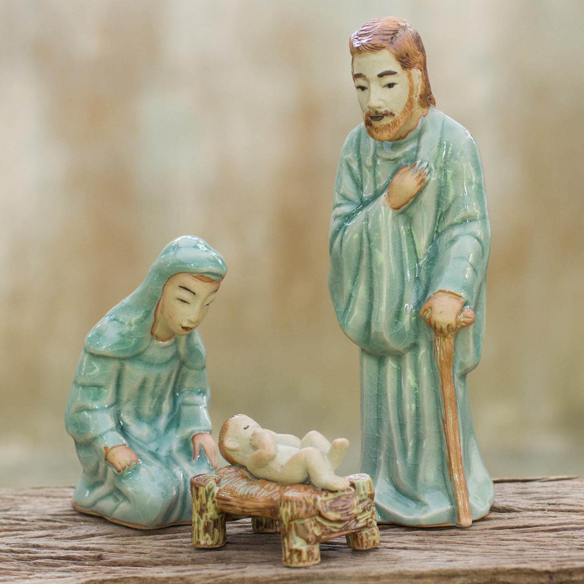 Handcrafted Celadon Ceramic Nativity Figurines (set of 3) Holy