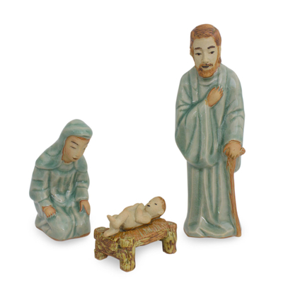 Celadon nativity scene, 'Holy Celebration' (set of 3) - Handcrafted Celadon Ceramic Nativity Figurines (set of 3)