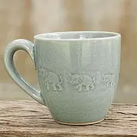 Taza de cerámica celadón - Taza de cerámica celadón tema elefante azul claro