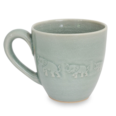 Taza de cerámica celadón - Taza de cerámica celadón tema elefante azul claro