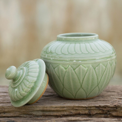 Celadon-Keramikkrug, 'Grüner Lotus - Grüne Blumen-Celadon-Dose und -Deckel aus Thailand