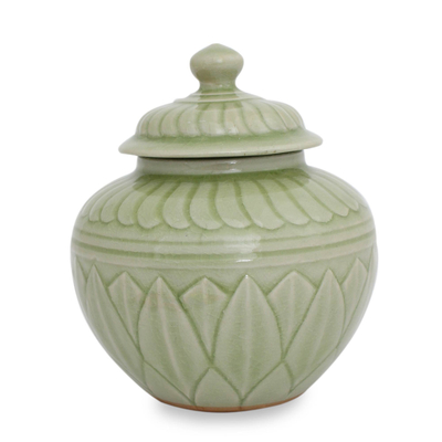 Celadon ceramic jar, 'Green Lotus' - Green Floral Celadon Jar and Lid from Thailand