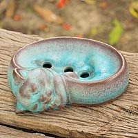 Ceramic soap dish, 'Turquoise Napping Kitty' - Handmade Turquoise Ceramic Cat Soap Dish from Thailand