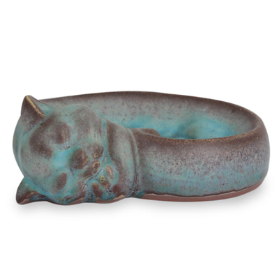 Jabonera de cerámica - Jabonera de gato de cerámica turquesa hecha a mano de Tailandia