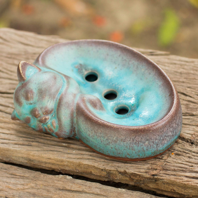 Ceramic soap dish, 'Turquoise Napping Kitty' - Handmade Turquoise Ceramic Cat Soap Dish from Thailand
