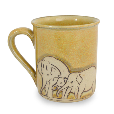 Celadon ceramic mug, 'Yellow Elephant Family' - Yellow Elephant Theme Celadon Ceramic Mug