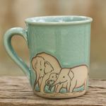 Celadon ceramic mug, 'Blue Elephant Family' - Blue and Brown Elephant Theme Celadon Ceramic Mug