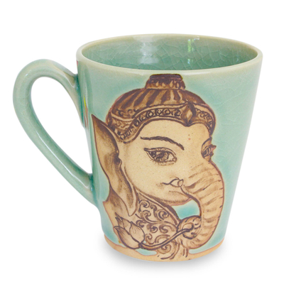 Celadon ceramic mug, 'Baby Ganesh' - Aqua Celadon Ceramic Mug with Handpainted Ganesh