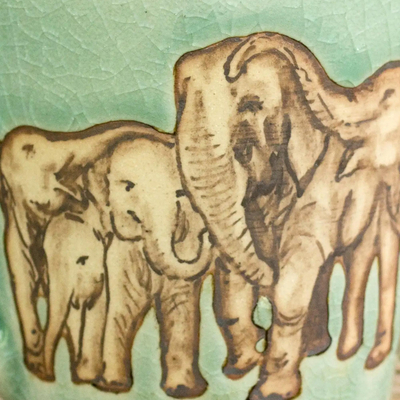 Celadon ceramic mug, 'Cozy Family' - Aqua Celadon Ceramic Mug with Hand Painted Elephants
