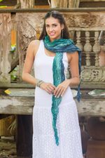 Silk scarf, 'Summer Rain' - Teal Ombre Crinkled All-Silk Scarf from Thailand