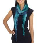Silk scarf, 'Summer Rain' - Teal Ombre Crinkled All-Silk Scarf from Thailand