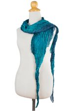 Silk scarf, 'Summer Rain' - Teal Ombre Crinkled All-Silk Scarf from Thailand