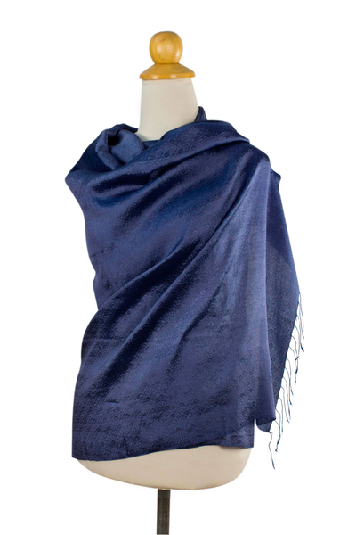 Rayon and silk blend shawl, 'Elegance in Indigo' - Dark Blue Women's Woven Rayon and Silk Blend Shawl
