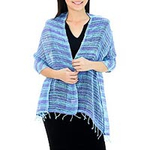 Bufanda de tejido suelto 100% algodón hecha a mano en azul y morado, 'Spring Breeze'