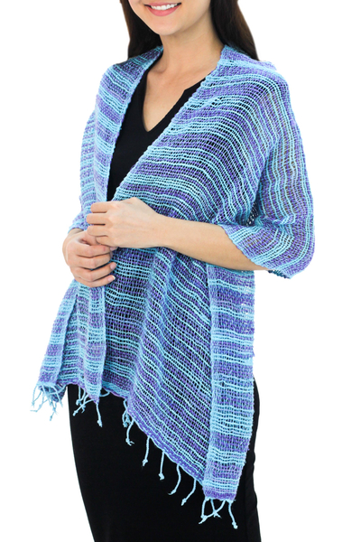Bufanda de algodón tejido - Bufanda de tejido suelto 100% algodón hecha a mano en azul y morado