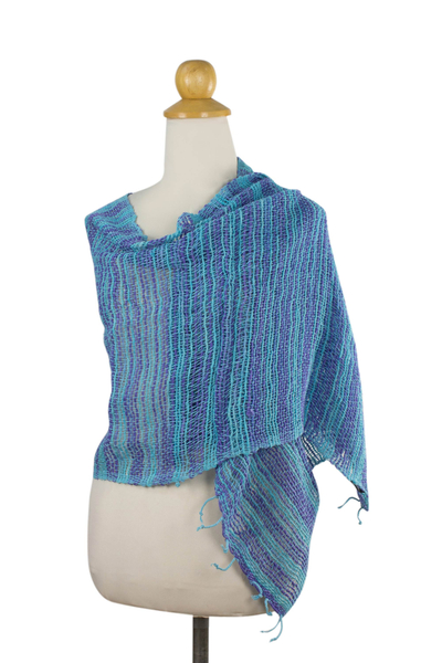 Woven cotton scarf, 'Spring Breeze' - Handmade 100% Cotton Loose Weave Scarf in Blue and Purple