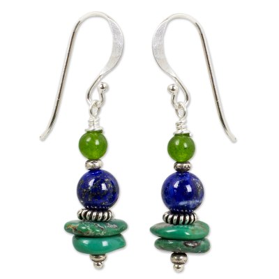 Lapis lazuli dangle earrings, 'Blue Earth' - Handmade Dangle Earrings with Lapis Lazuli and Quartz Beads