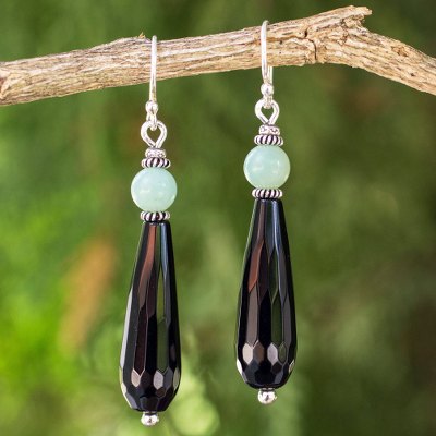 Onyx and aventurine dangle earrings, 'Midnight Dewdrop' - Handcrafted Onyx and Green Aventurine Beaded Earrings