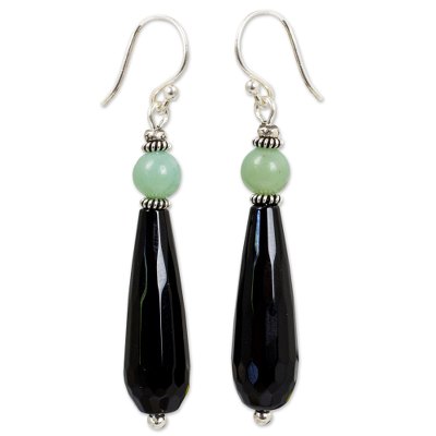 Onyx and aventurine dangle earrings, 'Midnight Dewdrop' - Handcrafted Onyx and Green Aventurine Beaded Earrings