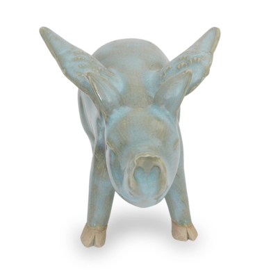 Figurilla de cerámica celadón - Cerdo volador de cerámica azul hecho a mano de Tailandia