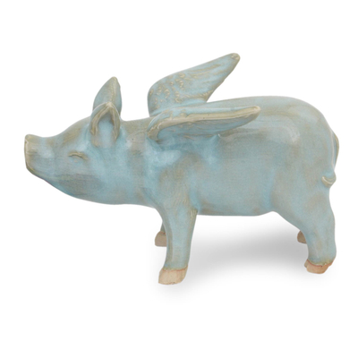 Celadon ceramic figurine, 'Flying Blue Pig' - Handcrafted Blue Ceramic Flying Pig from Thailand