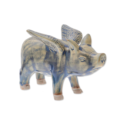 Celadon-Keramikfigur - Fliegendes Schwein aus Keramik in Senf- und Blautönen
