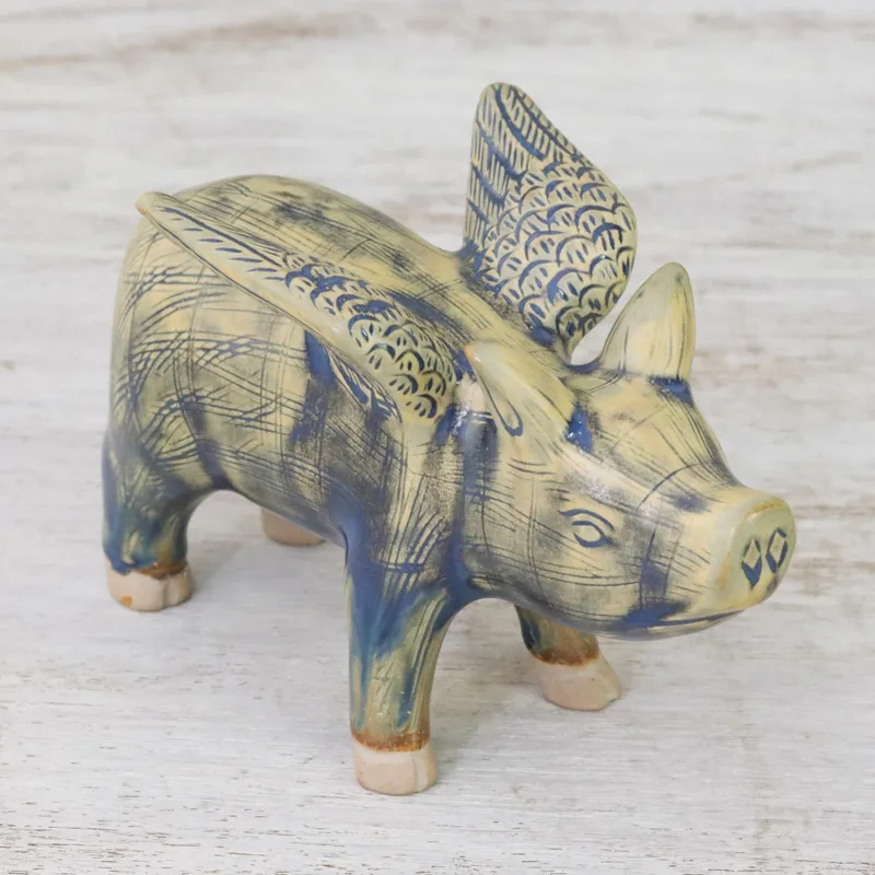 Ceramic Flying Pig in Mustard and Blue Shades Flying Pig NOVICA