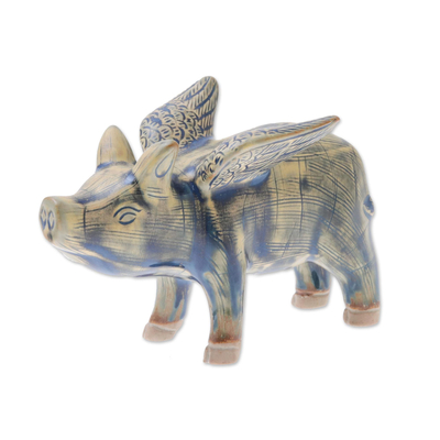 Celadon-Keramikfigur - Fliegendes Schwein aus Keramik in Senf- und Blautönen