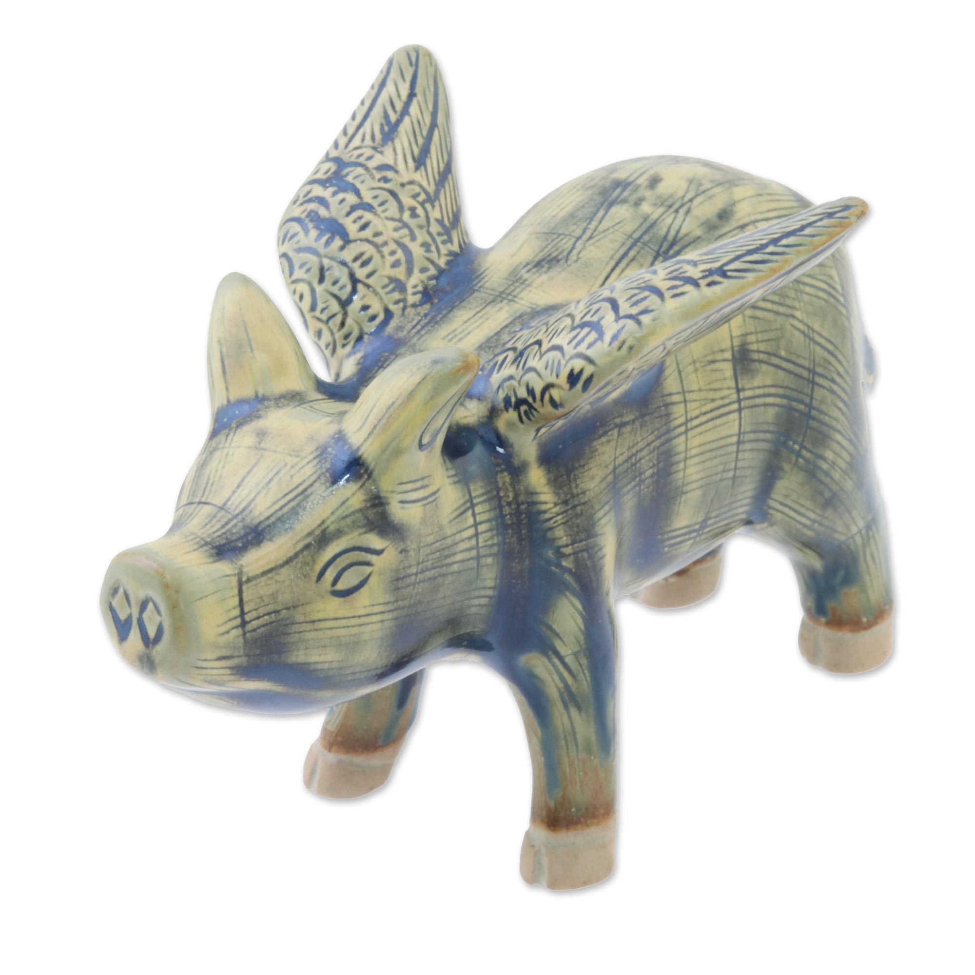 Ceramic Flying Pig in Mustard and Blue Shades Flying Pig NOVICA