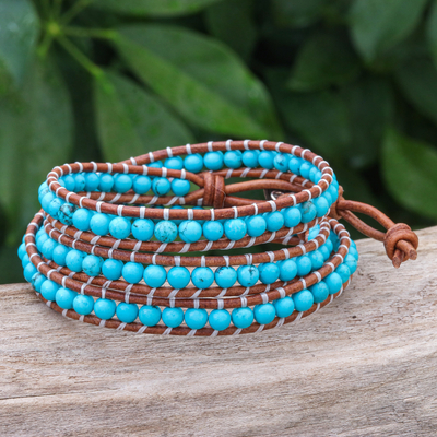 Leather wrap bracelet, 'Cool Sky' - Triple Wrap Leather Bracelet with Reconstituted Turquoise