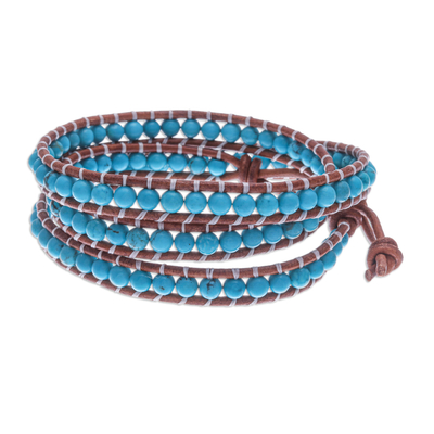 Leather wrap bracelet, 'Cool Sky' - Triple Wrap Leather Bracelet with Reconstituted Turquoise