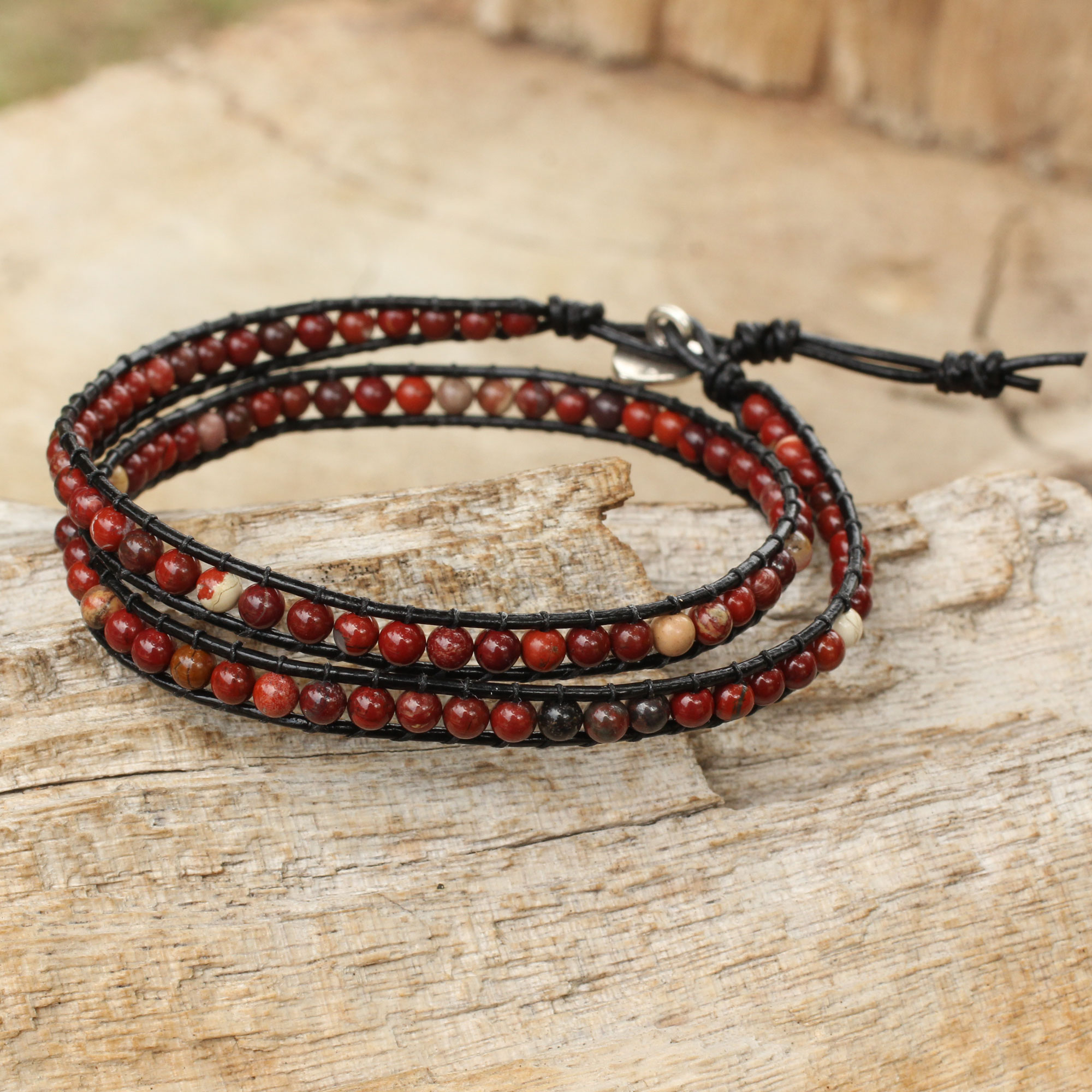 Red Jasper Beaded Leather Wrap Bracelet from Thailand - Special Red ...