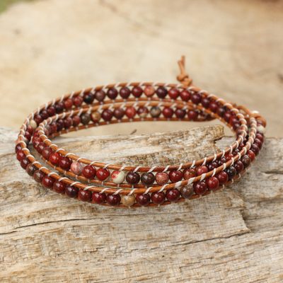 Jasper beaded wrap bracelet, 'Special Wine' - Beaded Wrap Bracelet with Red Jasper and Leather Cords