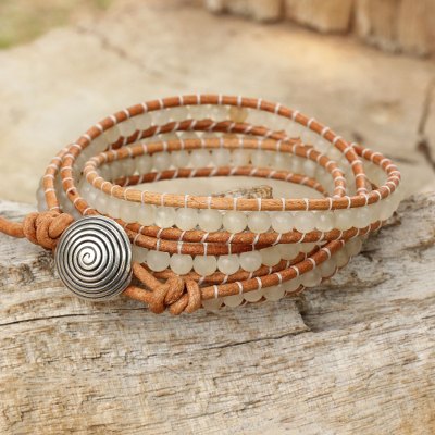 Quartz beaded wrap bracelet, 'White Sky' - White Quartz and Leather Wrap Bracelet with 950 Silver