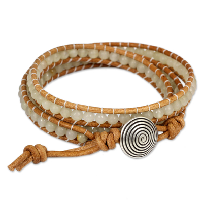 Quartz beaded wrap bracelet, 'White Sky' - White Quartz and Leather Wrap Bracelet with 950 Silver