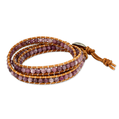 Lepidolite beaded wrap bracelet, 'Hypnotic Rose' - Pink Lepidolite Beaded Wrap Bracelet with 950 Silver
