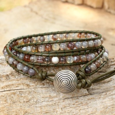 Agate beaded wrap bracelet, 'Hypnotic Brown' - Handmade Wrap Bracelet with Agate Beads and Leather