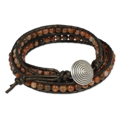 Jasper beaded wrap bracelet, 'Hypnotic Autumn' - Orange and Brown Jasper Wrap Bracelet with Silver 950 Bead