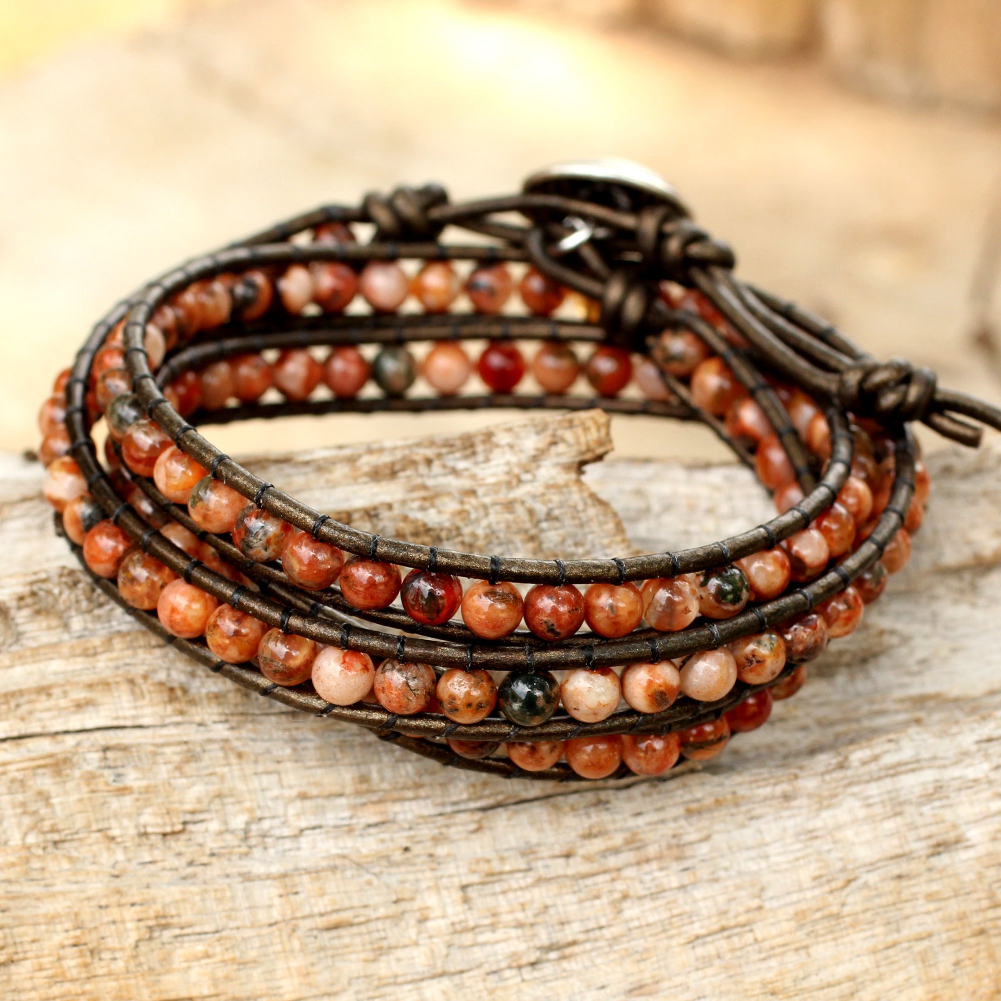 Orange and Brown Jasper Wrap Bracelet with Silver 950 Bead Hypnotic