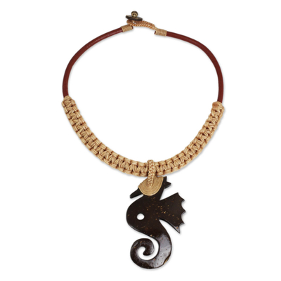 Seahorse Pendant Necklace with Coconut Shell and Macrame