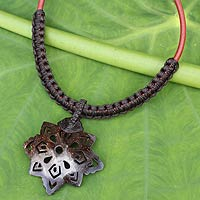 Coconut shell pendant necklace, 'Thai Proud' - Handmade Coconut Shell Pendant Necklace with Macrame