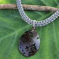Coconut shell pendant necklace, 'Thai Phoenix in Grey' - Thai Handmade Coconut Shell and Grey Macrame Necklace