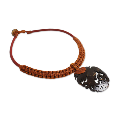 Coconut shell pendant necklace, 'Thai Phoenix in Brown' - Coconut Shell Phoenix Pendant Necklace with Leather Cord
