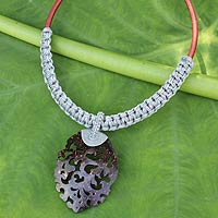 Coconut shell pendant necklace, 'Elegant Thailand in Gray' - Handmade Gray Macrame Necklace with Coconut Shell Pendant