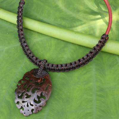 Coconut shell pendant necklace, 'Elegant Thailand in Espresso' - Dark Brown Macrame Necklace with Coconut Shell Pendant