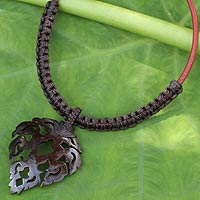 Coconut shell pendant necklace, 'Precious Thailand in Brown' - Handmade Macrame and Coconut Shell Pendant Necklace